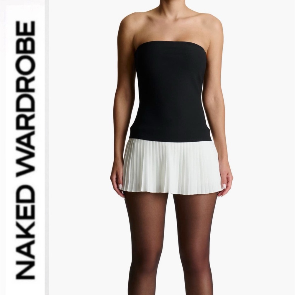 Naked Wardrobe 🖤🤍 Black and White Strapless Pleated mixed media Mini Dress